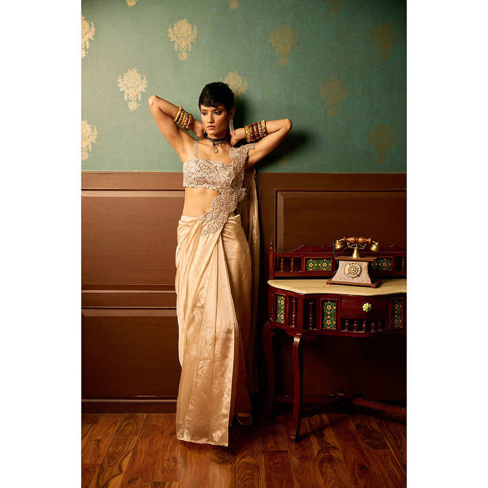 REETI ARNEJA Baby Pink Bloom Pre-Drape Saree with Stitched Blouse