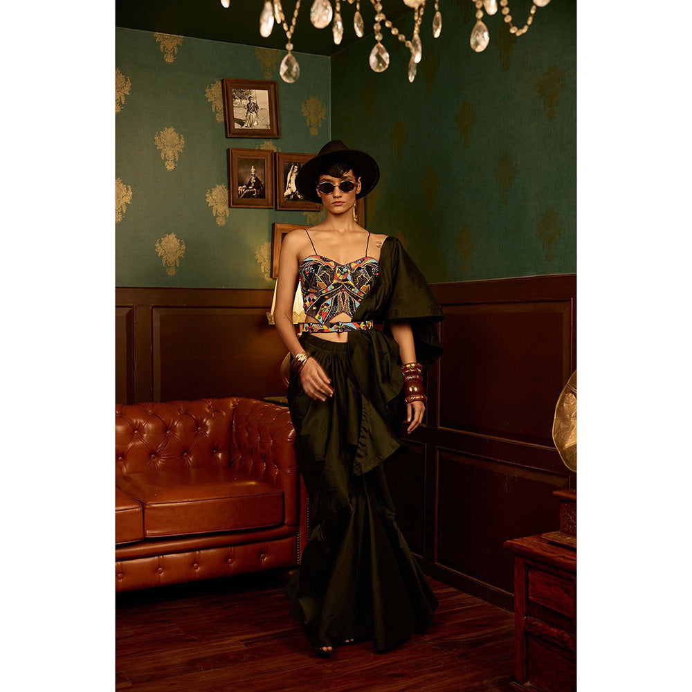 REETI ARNEJA Olive Mystique Blouse with Skirt, Dupatta and Belt (Set of 4)