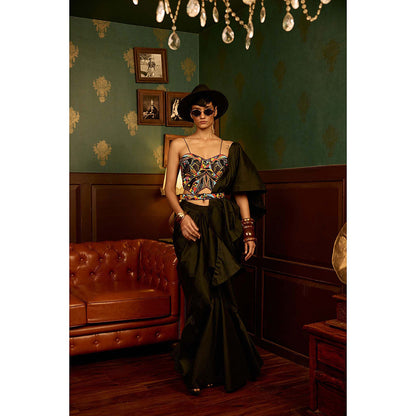REETI ARNEJA Olive Mystique Blouse with Skirt, Dupatta and Belt (Set of 4)
