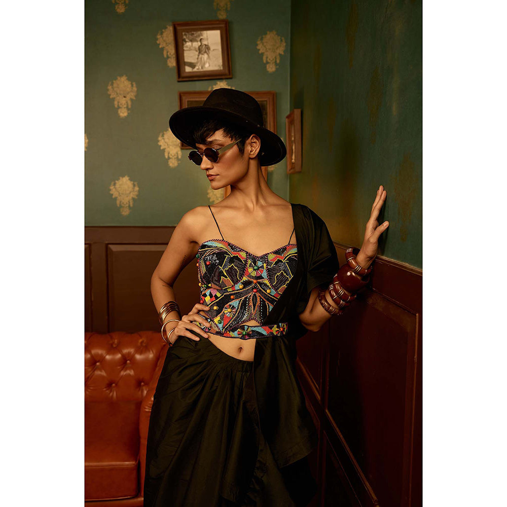 REETI ARNEJA Olive Mystique Blouse with Skirt, Dupatta and Belt (Set of 4)