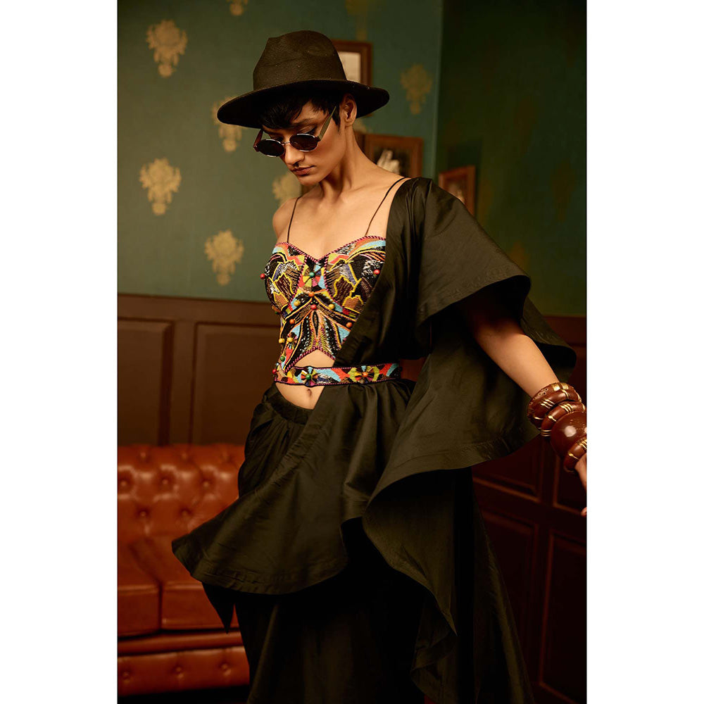 REETI ARNEJA Olive Mystique Blouse with Skirt, Dupatta and Belt (Set of 4)