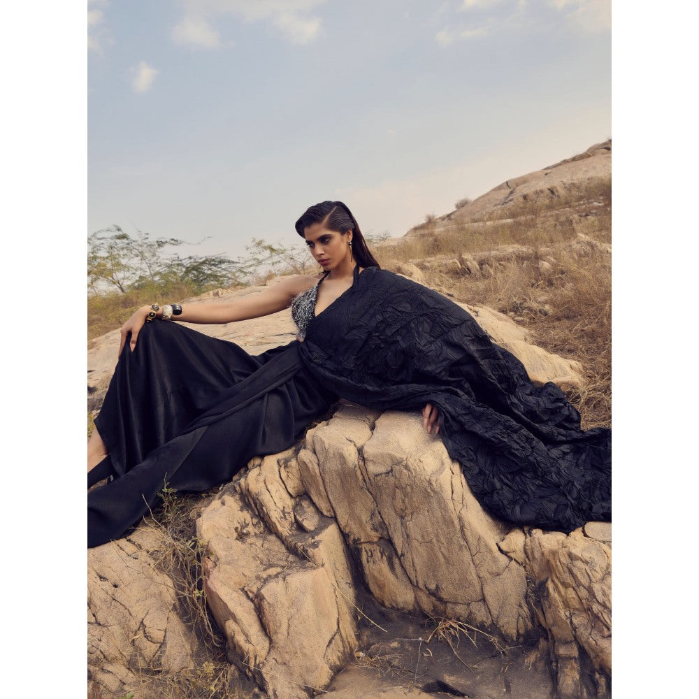 RENASCI Women Ebony Drift Saree with Stitched Blouse