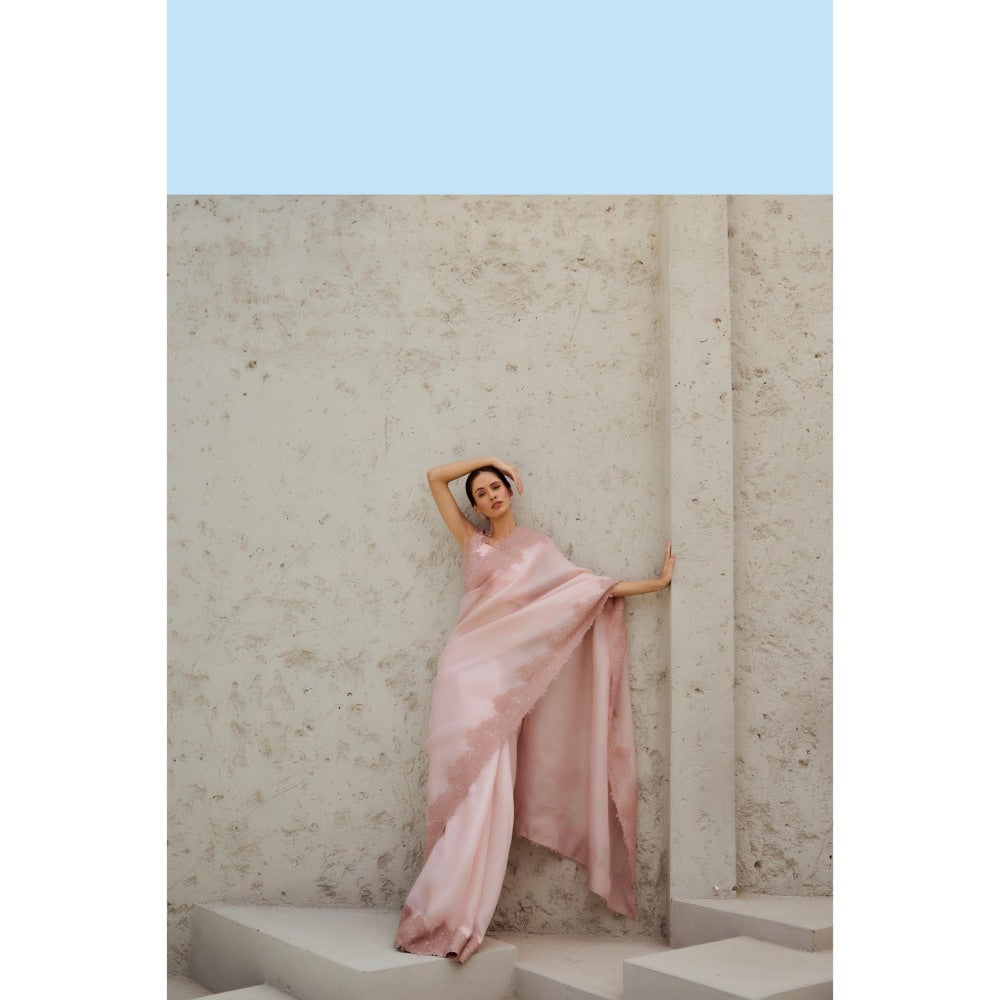 RENASCI Pink Amara Saree with Stitched Blouse