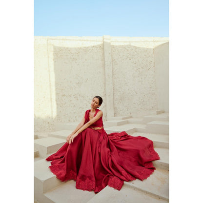 RENASCI Red Niamb Lehenga with Blouse and Dupatta (Set of 3)