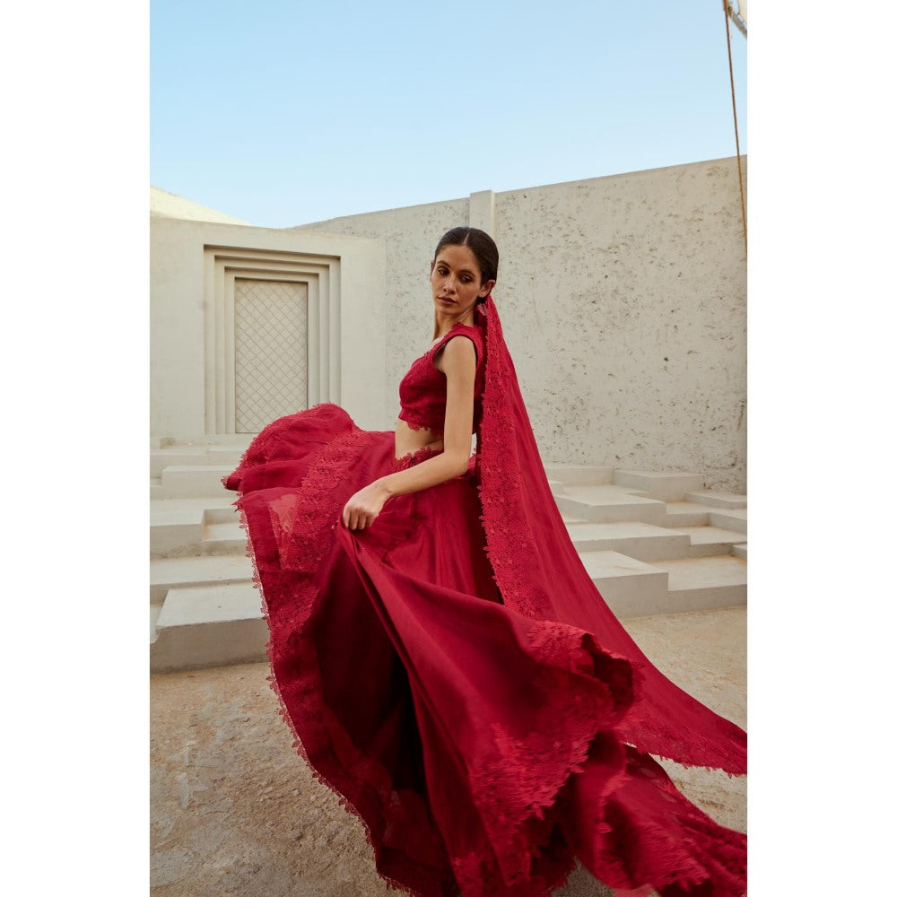 RENASCI Red Niamb Lehenga with Blouse and Dupatta (Set of 3)