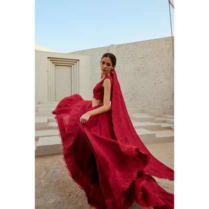 RENASCI Red Niamb Lehenga with Blouse and Dupatta (Set of 3)