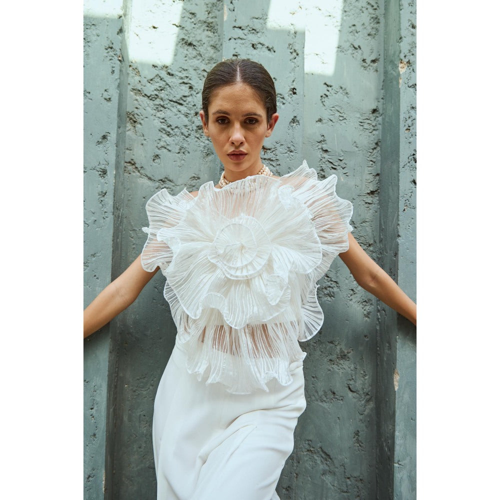 RENASCI White Self Design Camellia Top