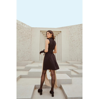 RENASCI Black Solid/Plain Surface Knee Length Dress with Belt (Set of 2)