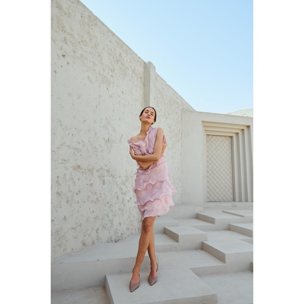 RENASCI Pink Self Design Swirl Knee Length Dress