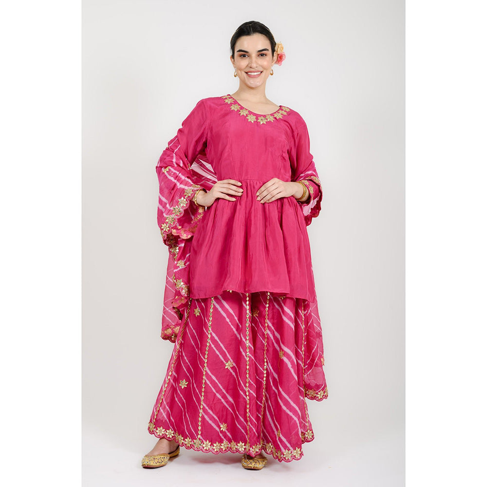 Rhapsody Jaipur Hot Pink Leheriya Sharara with Short Kurta and Dupatta (Set of 3)