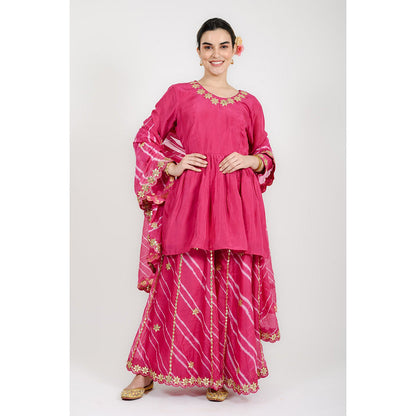 Rhapsody Jaipur Hot Pink Leheriya Sharara with Short Kurta and Dupatta (Set of 3)
