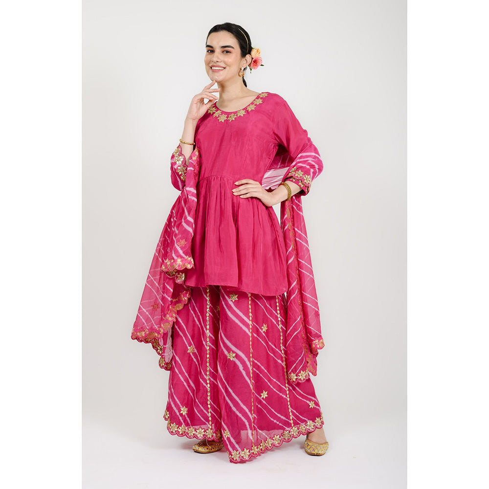 Rhapsody Jaipur Hot Pink Leheriya Sharara with Short Kurta and Dupatta (Set of 3)