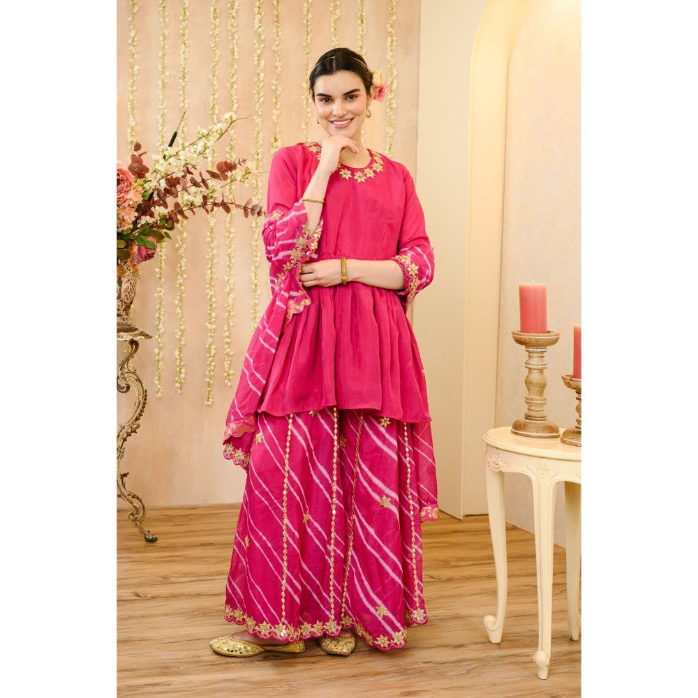 Rhapsody Jaipur Hot Pink Leheriya Sharara with Short Kurta and Dupatta (Set of 3)