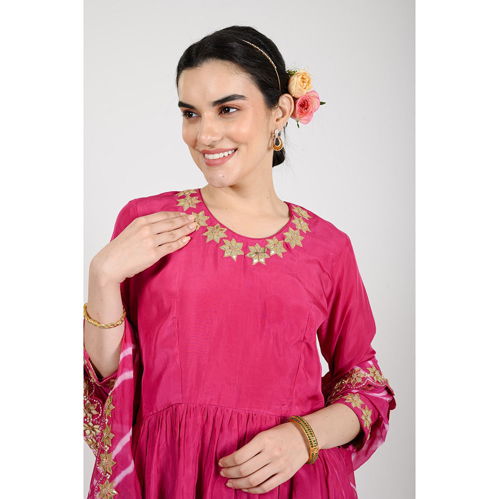 Rhapsody Jaipur Hot Pink Leheriya Sharara with Short Kurta and Dupatta (Set of 3)