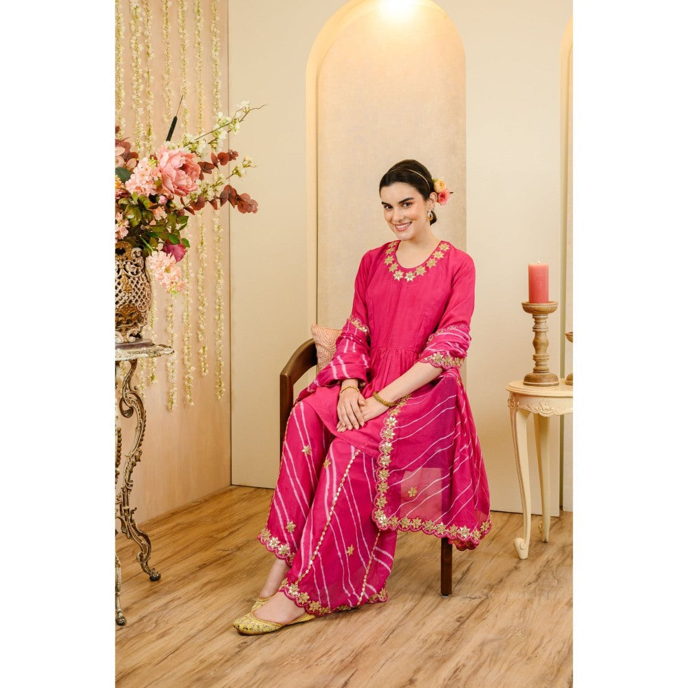 Rhapsody Jaipur Hot Pink Leheriya Sharara with Short Kurta and Dupatta (Set of 3)