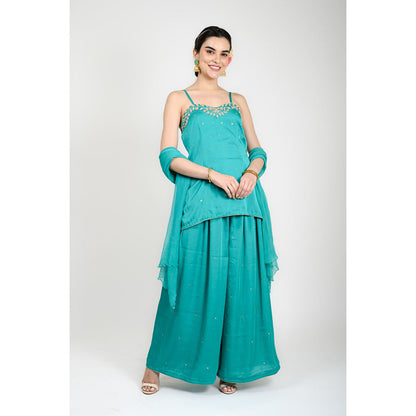 Rhapsody Jaipur Teal Zardozi and Sequin Palazzo with Short Kurta and Dupatta (Set of 3)