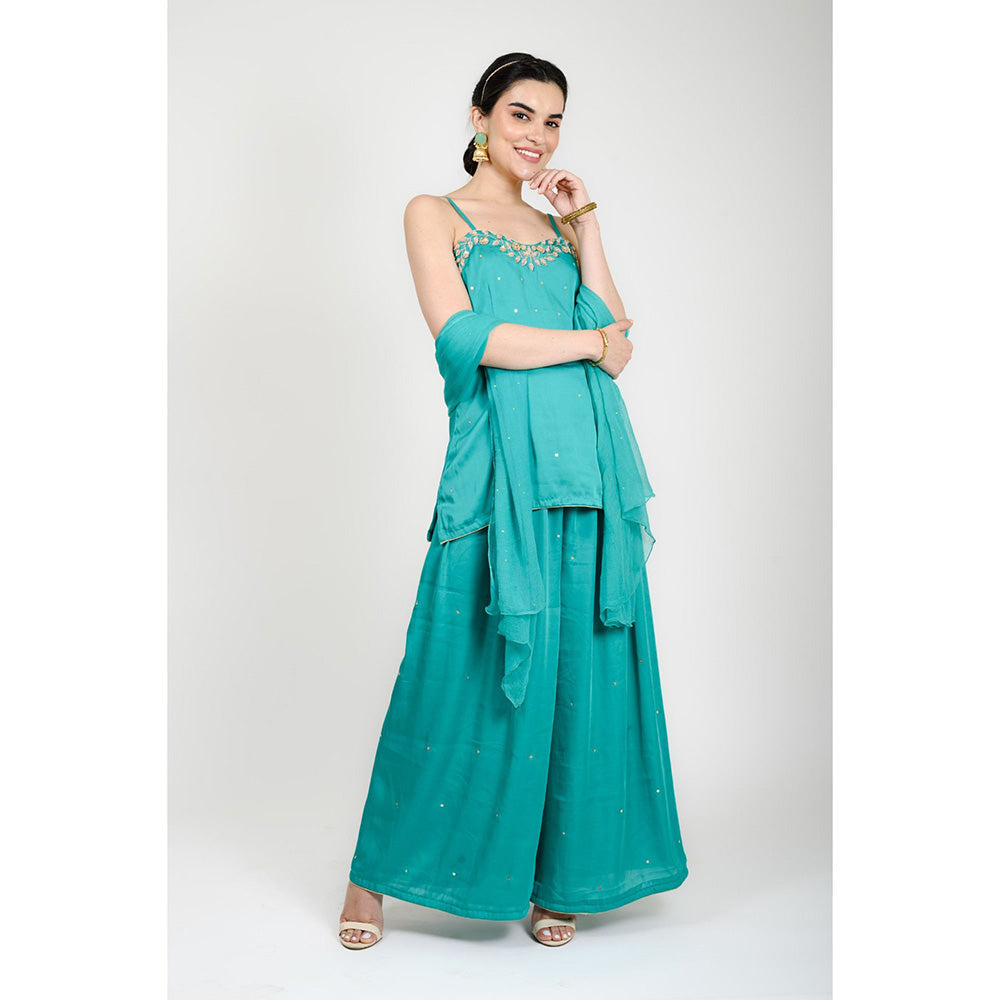 Rhapsody Jaipur Teal Zardozi and Sequin Palazzo with Short Kurta and Dupatta (Set of 3)