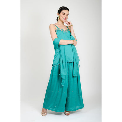 Rhapsody Jaipur Teal Zardozi and Sequin Palazzo with Short Kurta and Dupatta (Set of 3)
