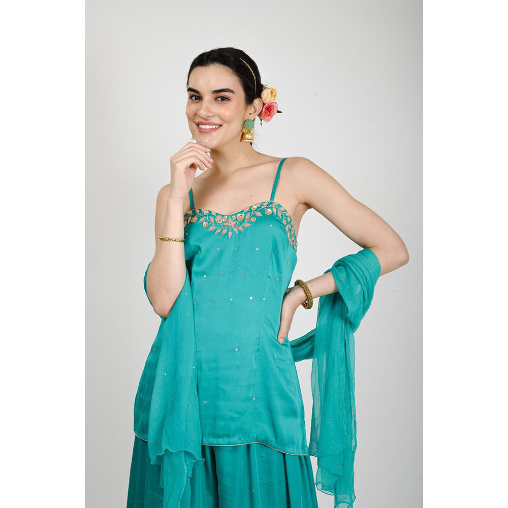 Rhapsody Jaipur Teal Zardozi and Sequin Palazzo with Short Kurta and Dupatta (Set of 3)
