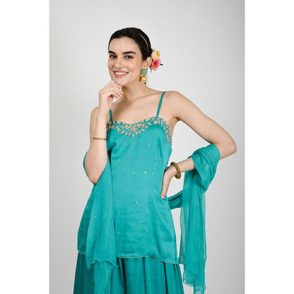 Rhapsody Jaipur Teal Zardozi and Sequin Palazzo with Short Kurta and Dupatta (Set of 3)