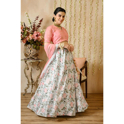 Rhapsody Jaipur Pink Floral Lehenga with Blouse and Dupatta (Set of 3)