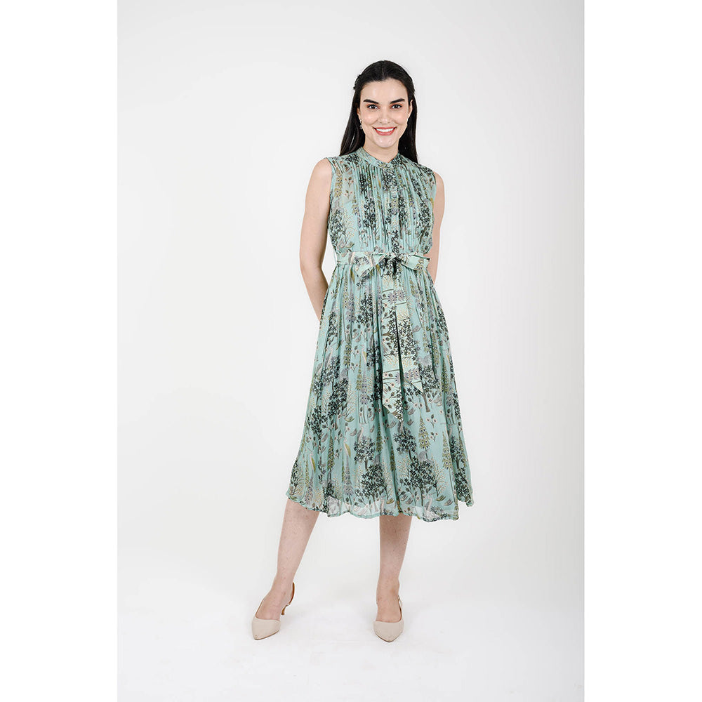 Rhapsody Jaipur Blue Printed Silk Dress with Belt (Set of 2)