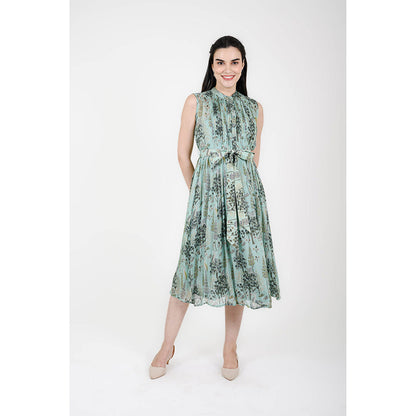Rhapsody Jaipur Blue Printed Silk Dress with Belt (Set of 2)