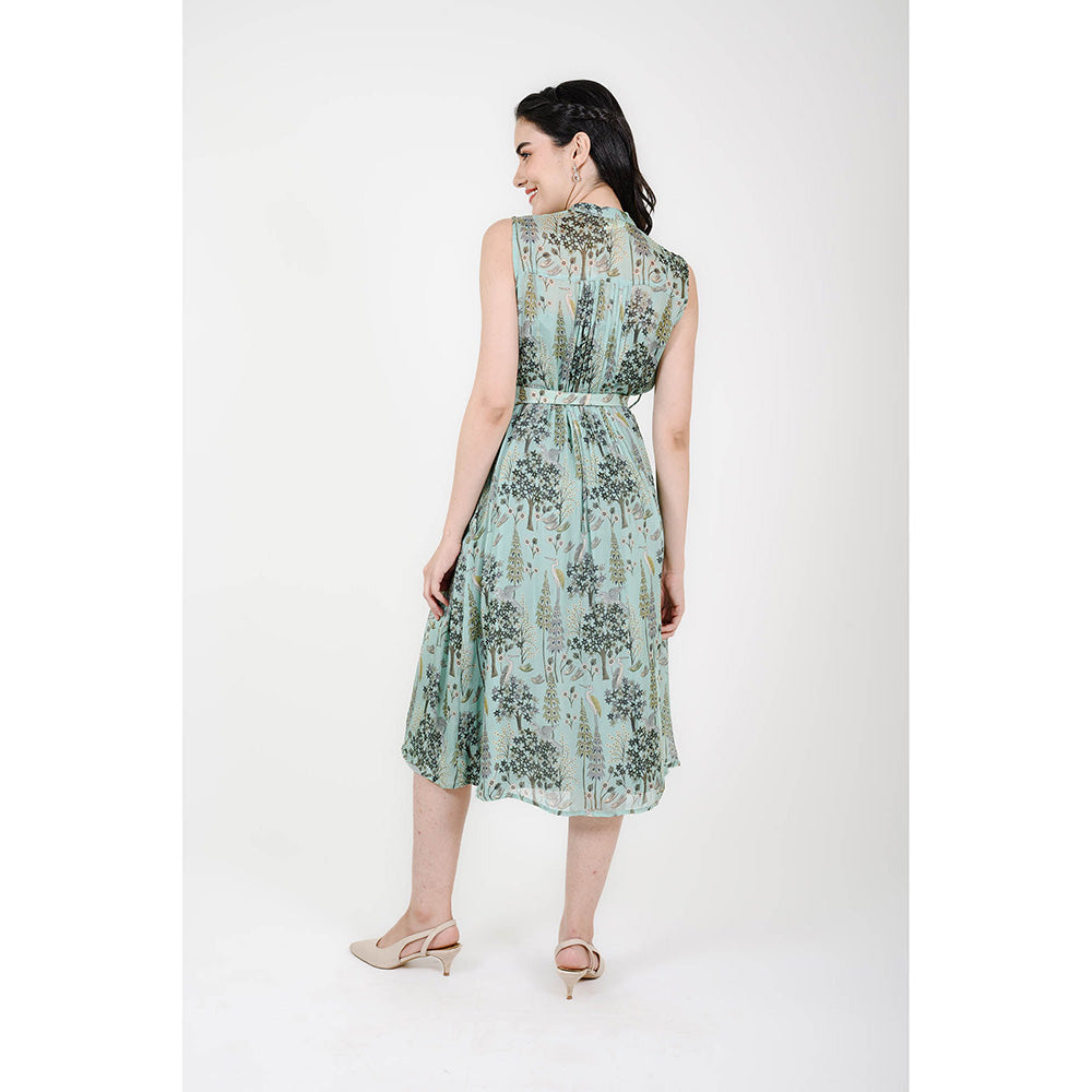 Rhapsody Jaipur Blue Printed Silk Dress with Belt (Set of 2)