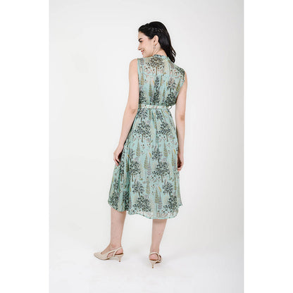 Rhapsody Jaipur Blue Printed Silk Dress with Belt (Set of 2)