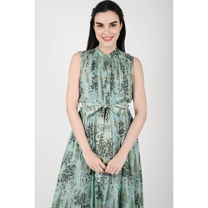 Rhapsody Jaipur Blue Printed Silk Dress with Belt (Set of 2)