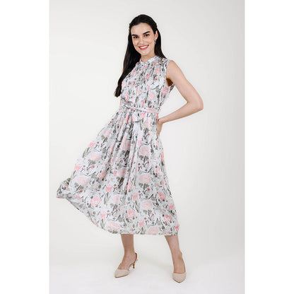 Rhapsody Jaipur Blue Floral Printed Dress with Belt (Set of 2)