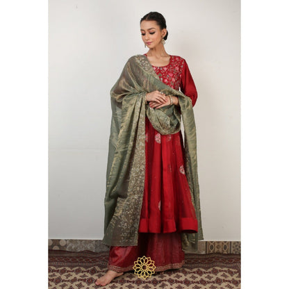 Rhua India Red Anokhi Anarkali with Palazzo and Dupatta (Set of 3)