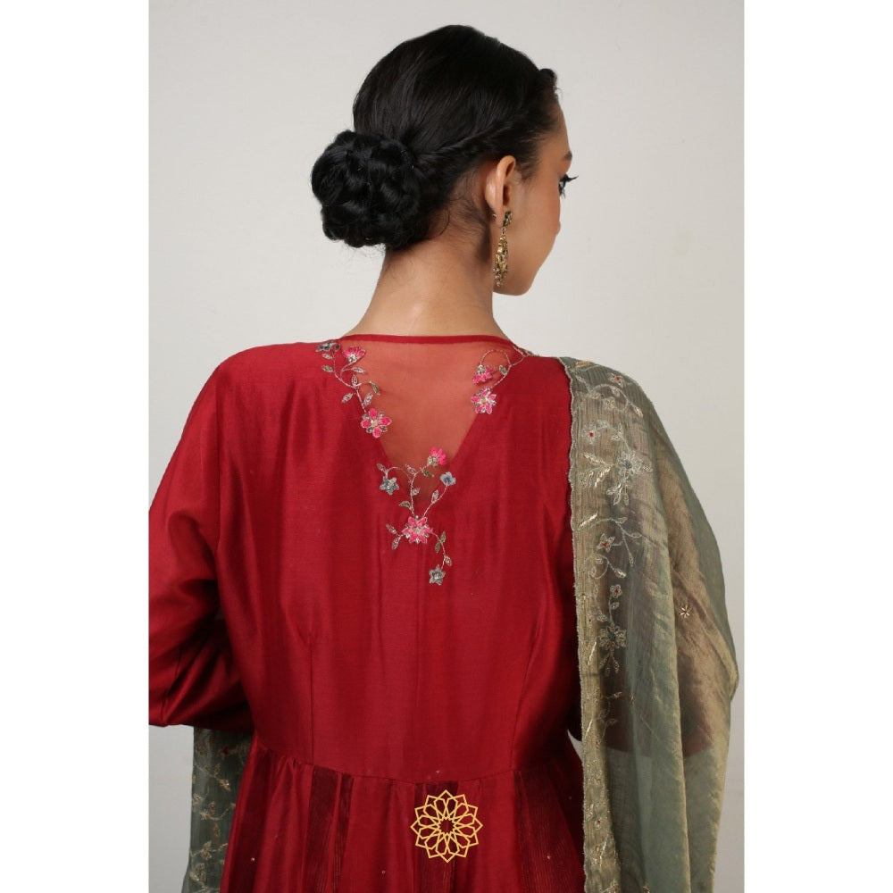 Rhua India Red Anokhi Anarkali with Palazzo and Dupatta (Set of 3)