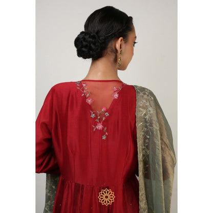 Rhua India Red Anokhi Anarkali with Palazzo and Dupatta (Set of 3)