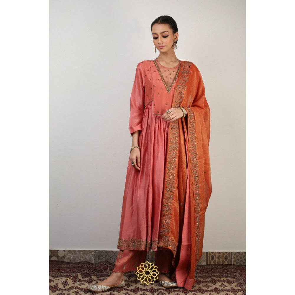 Rhua India Peach Kyra Anarkali with Pant and Dupatta (Set of 3)