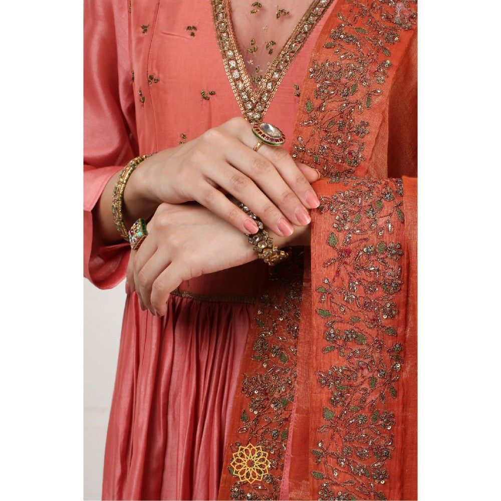 Rhua India Peach Kyra Anarkali with Pant and Dupatta (Set of 3)