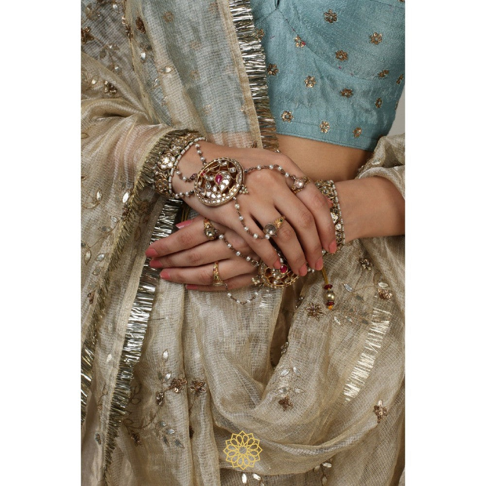 Rhua India Aqua Tani Lehenga with Blouse and Dupatta (Set of 3)