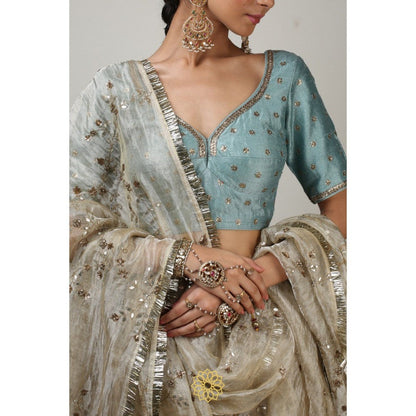Rhua India Aqua Tani Lehenga with Blouse and Dupatta (Set of 3)