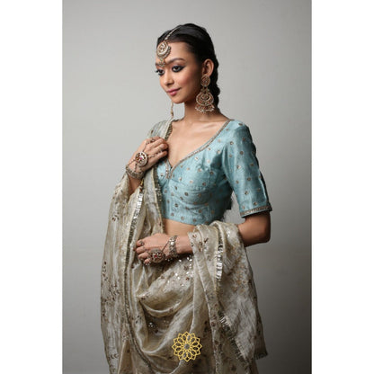 Rhua India Aqua Tani Lehenga with Blouse and Dupatta (Set of 3)