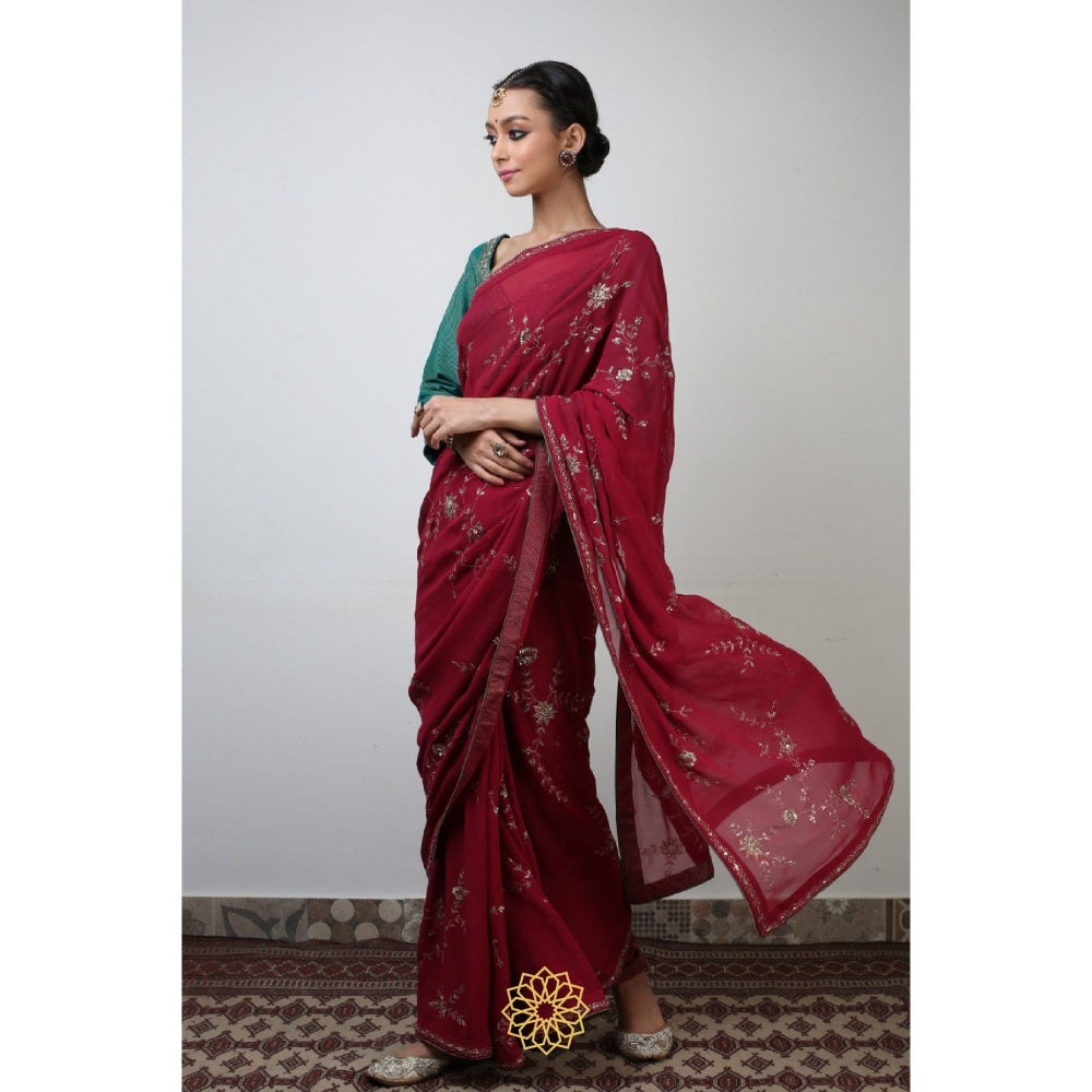 Rhua India Red Rubi Classical Saree with Stitched Blouse and Petticoat