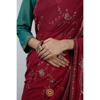 Rhua India Red Rubi Classical Saree with Stitched Blouse and Petticoat