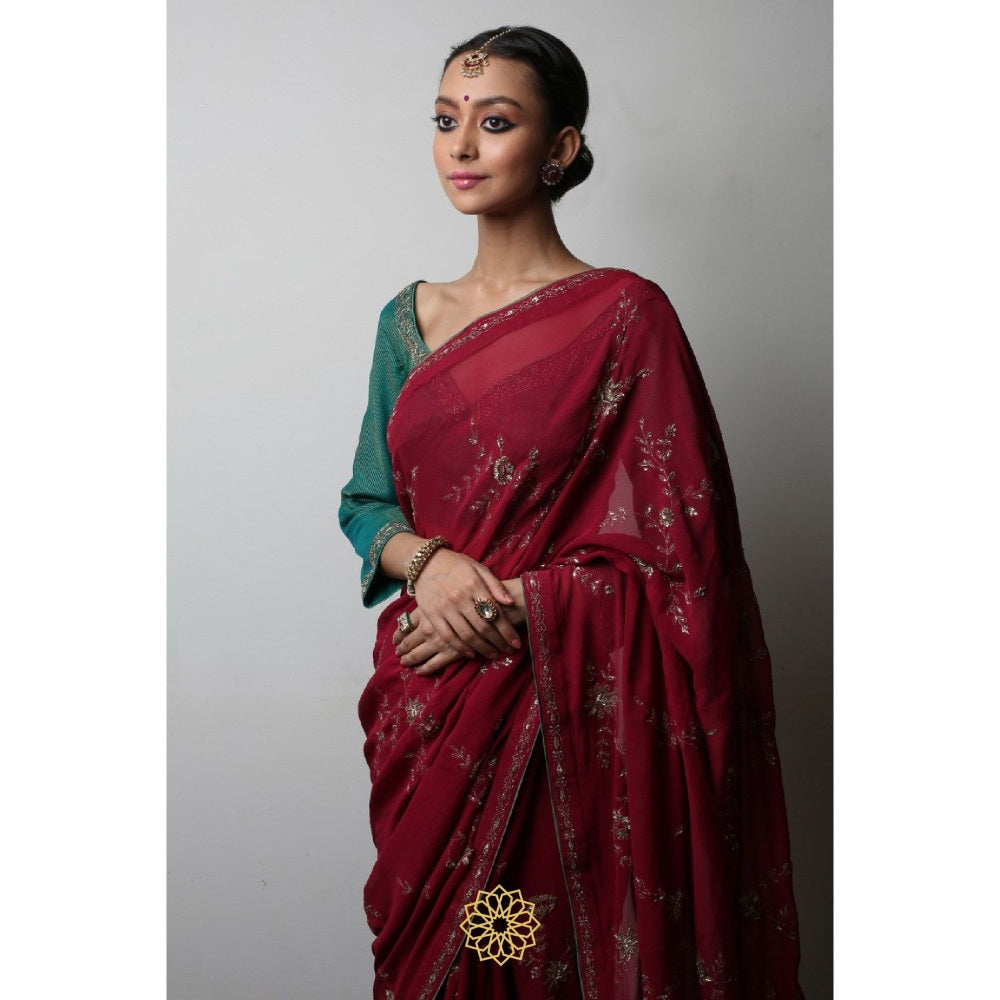 Rhua India Red Rubi Classical Saree with Stitched Blouse and Petticoat