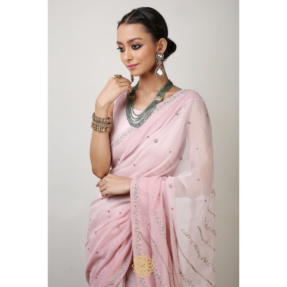 Rhua India Pink Aisha Classical Saree with Stitched Blouse and Petticoat