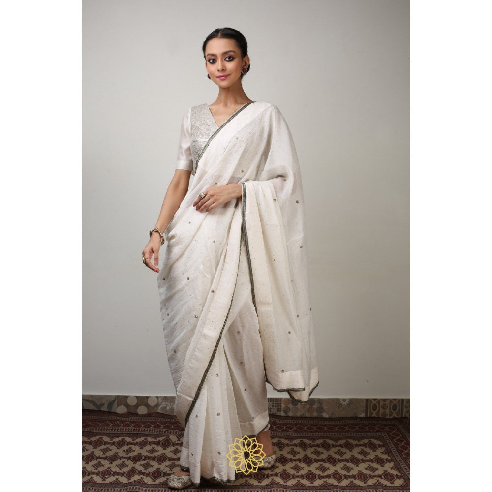 Rhua India Chand White Classical Saree with Stitched Blouse and Petticoat