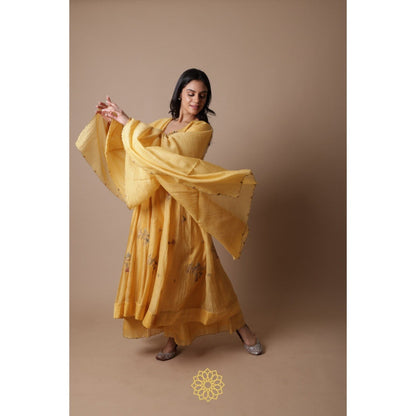 Rhua India Afra Yellow Anarkali with Palazzo and Dupatta (Set of 3)