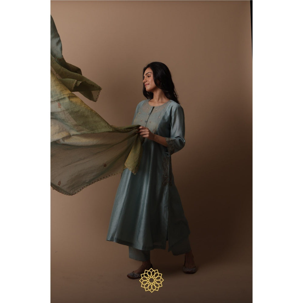 Rhua India Nimai Power Blue Straight Kurta with Pant and Dupatta (Set of 3)