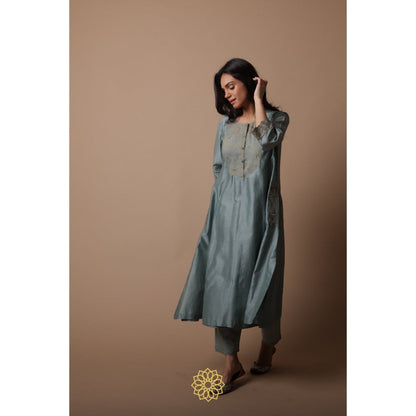 Rhua India Nimai Power Blue Straight Kurta with Pant and Dupatta (Set of 3)