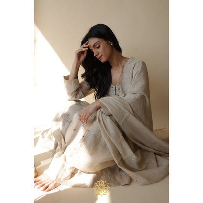 Rhua India Nitya White Straight Kurta with Palazzo and Dupatta (Set of 3)