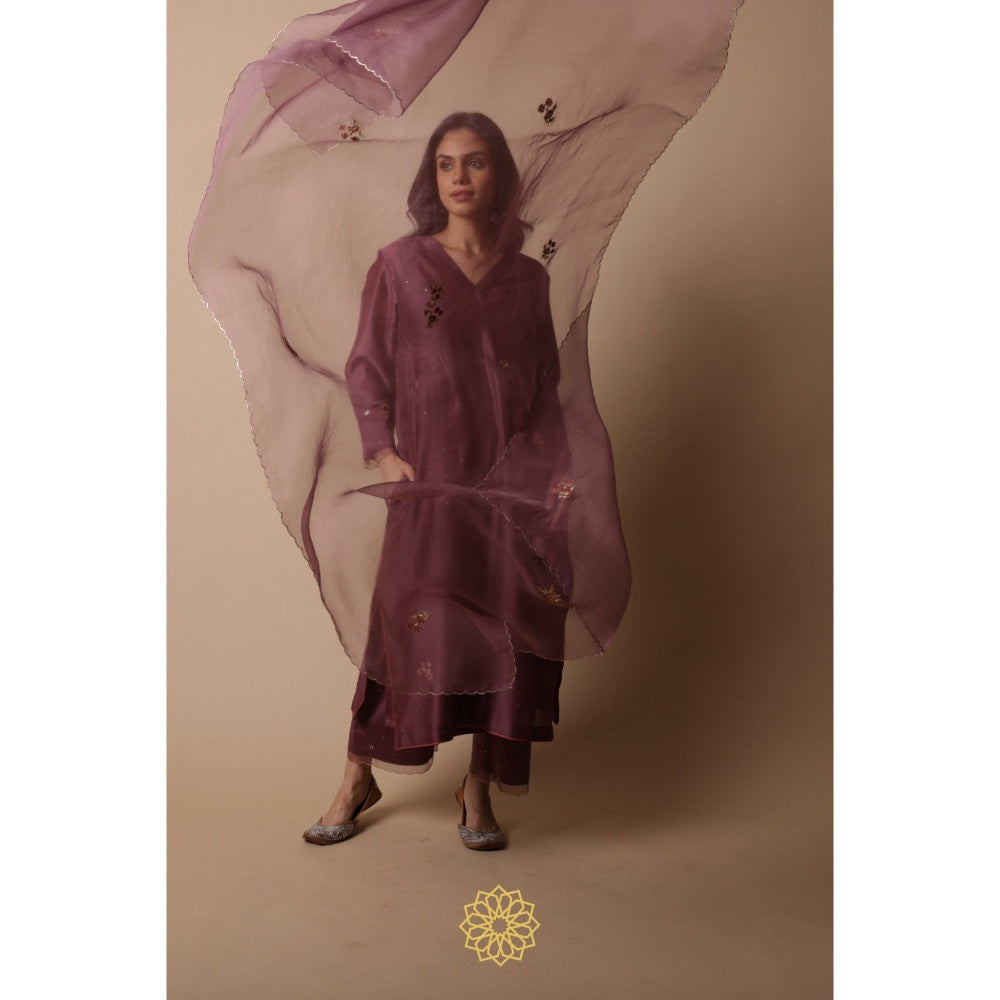 Rhua India Afsa-Mauve Straight Kurta with Palazzo and Dupatta (Set of 3)