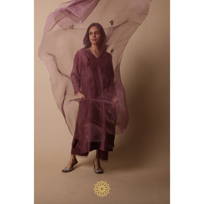 Rhua India Afsa-Mauve Straight Kurta with Palazzo and Dupatta (Set of 3)